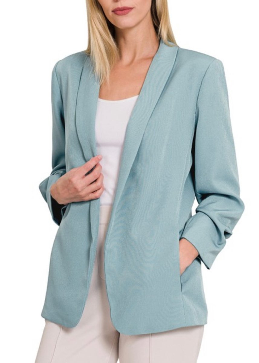 Ruched Sleeve Blazer - Blue Grey - Jimberly's Boutique - Olive Branch - Mississippi