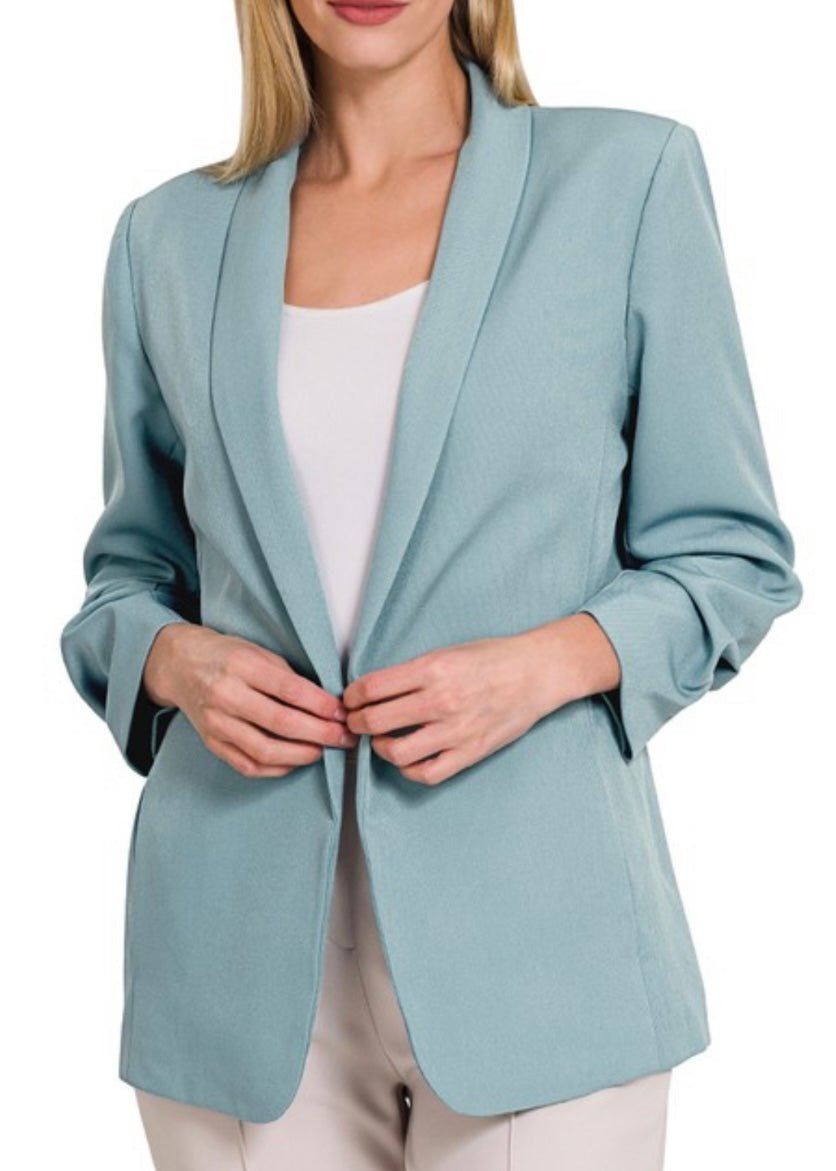 Ruched Sleeve Blazer - Blue Grey - Jimberly's Boutique - Olive Branch - Mississippi