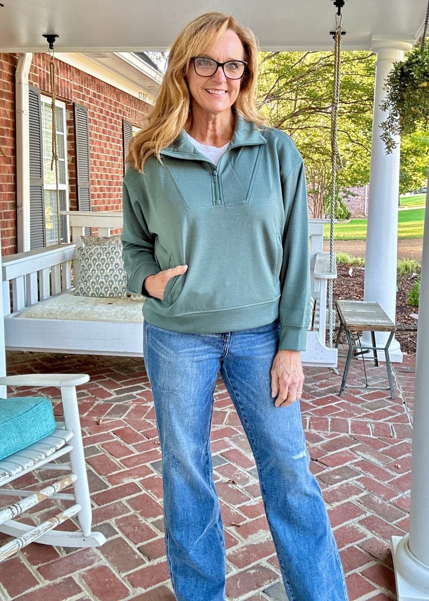 Scuba Half Zip Pullover - Dark Forest | Zenana - Casual Top - Jimberly's Boutique - Olive Branch - Mississippi