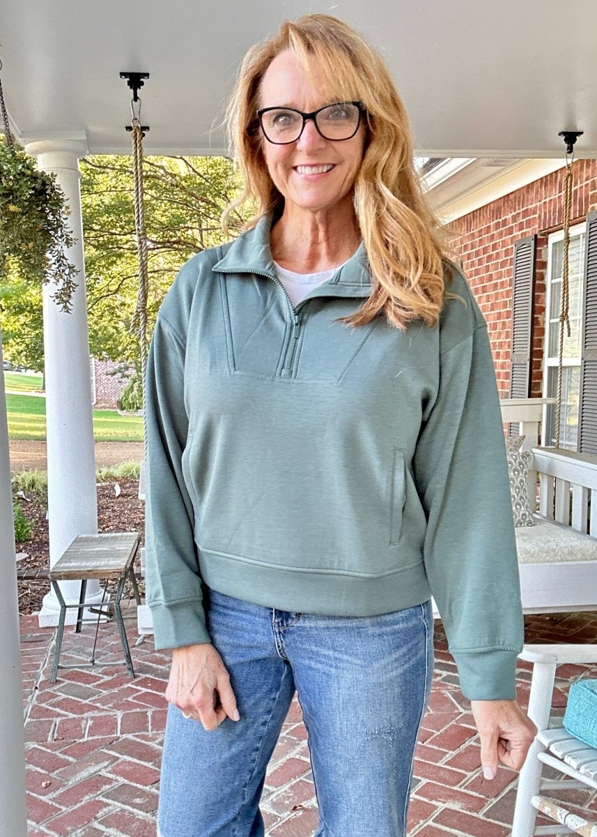 Scuba Half Zip Pullover - Dark Forest | Zenana - Casual Top - Jimberly's Boutique - Olive Branch - Mississippi