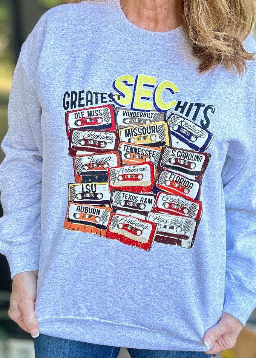 SEC Greatest Hits Sweatshirt - Light Grey - Graphic Sweatshirt - Jimberly's Boutique - Olive Branch - Mississippi