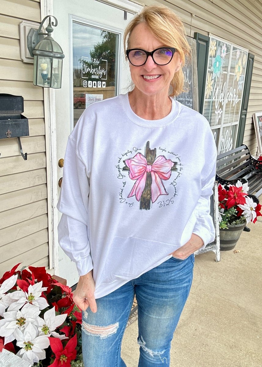 She is Clothed Sweatshirt With Strength - White - Graphic Sweatshirt - Jimberly's Boutique - Olive Branch - Mississippi