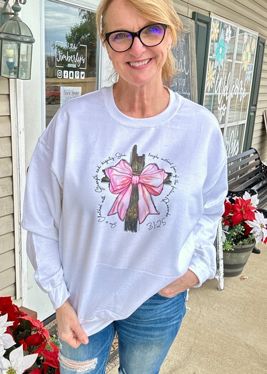 She is Clothed Sweatshirt With Strength - White - Graphic Sweatshirt - Jimberly's Boutique - Olive Branch - Mississippi