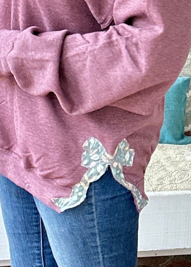 Side Bow Sweatshirt - Heather Burgundy w/Sage Floral Fabric Applique' Bows - sweatshirt - Jimberly's Boutique - Olive Branch - Mississippi