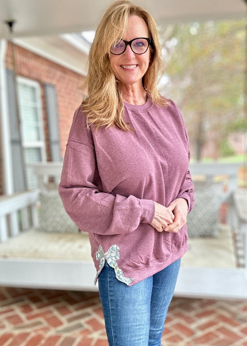 Side Bow Sweatshirt - Heather Burgundy w/Sage Floral Fabric Applique' Bows - sweatshirt - Jimberly's Boutique - Olive Branch - Mississippi