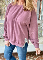 Side Bow Sweatshirt - Heather Burgundy w/Sage Floral Fabric Applique' Bows - sweatshirt - Jimberly's Boutique - Olive Branch - Mississippi