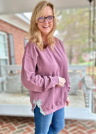 Side Bow Sweatshirt - Heather Burgundy w/Sage Floral Fabric Applique' Bows - sweatshirt - Jimberly's Boutique - Olive Branch - Mississippi