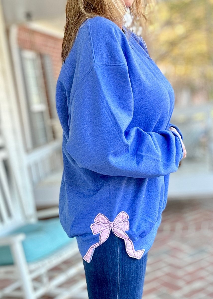 Side Bow Sweatshirt - Heather Royal w/Pink Floral Fabric Applique' Bows - Jimberly's Boutique - Olive Branch - Mississippi