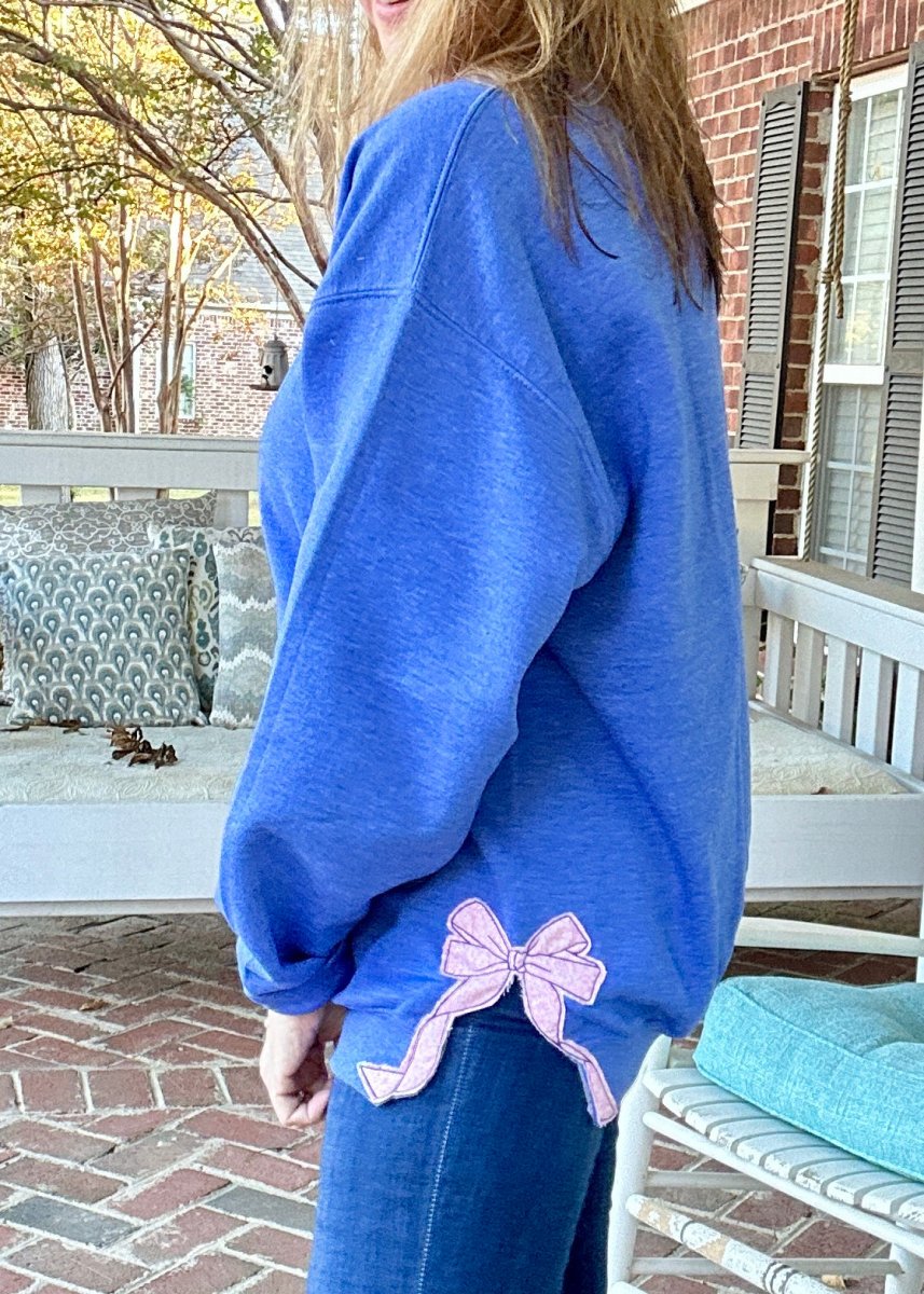 Side Bow Sweatshirt - Heather Royal w/Pink Floral Fabric Applique' Bows - Jimberly's Boutique - Olive Branch - Mississippi