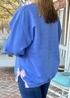 Side Bow Sweatshirt - Heather Royal w/Pink Floral Fabric Applique' Bows - Jimberly's Boutique - Olive Branch - Mississippi