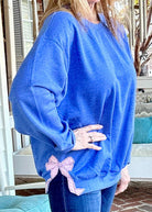 Side Bow Sweatshirt - Heather Royal w/Pink Floral Fabric Applique' Bows - Jimberly's Boutique - Olive Branch - Mississippi