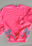 Side Bow Sweatshirt - Neon Pink w/Blue Gingham Fabric Applique' Bows - Jimberly's Boutique - Olive Branch - Mississippi