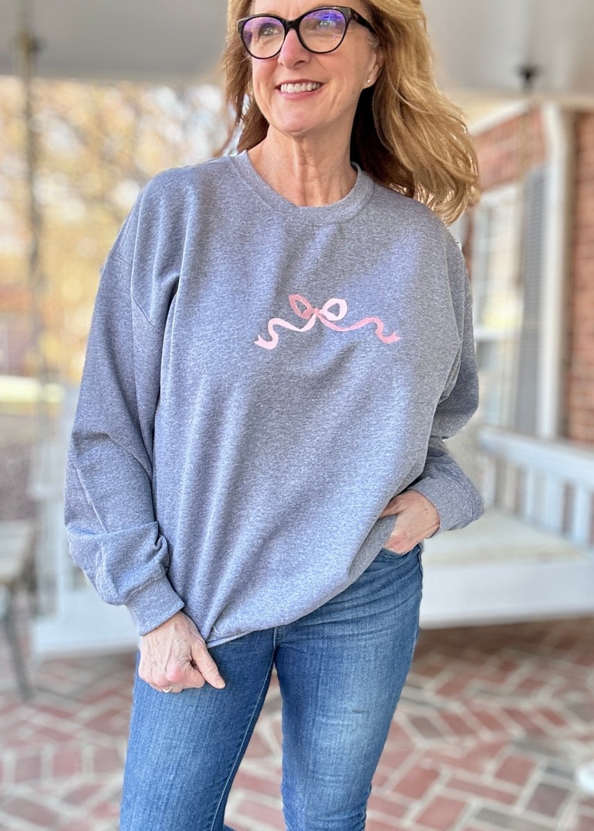 Simple Bow Embroidered Sweatshirt - Grey w/Light Pink - Embroidered Sweatshirt - Jimberly's Boutique - Olive Branch - Mississippi