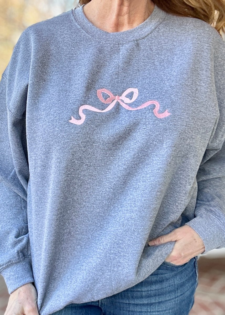 Simple Bow Embroidered Sweatshirt - Grey w/Light Pink - Embroidered Sweatshirt - Jimberly's Boutique - Olive Branch - Mississippi