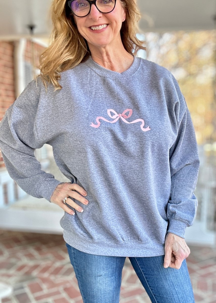 Simple Bow Embroidered Sweatshirt - Grey w/Light Pink - Embroidered Sweatshirt - Jimberly's Boutique - Olive Branch - Mississippi