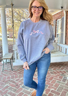 Simple Bow Embroidered Sweatshirt - Grey w/Light Pink - Embroidered Sweatshirt - Jimberly's Boutique - Olive Branch - Mississippi