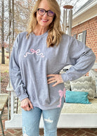 Simple Bow Embroidered Sweatshirt w/Side Bows - Grey w/Light Pink - Sweatshirt - Jimberly's Boutique - Olive Branch - Mississippi