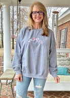 Simple Bow Embroidered Sweatshirt w/Side Bows - Grey w/Light Pink - Sweatshirt - Jimberly's Boutique - Olive Branch - Mississippi