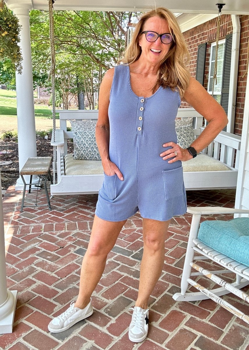 Sleeveless Ribbed Romper - Denim Blue - Jimberly's Boutique - Olive Branch - Mississippi