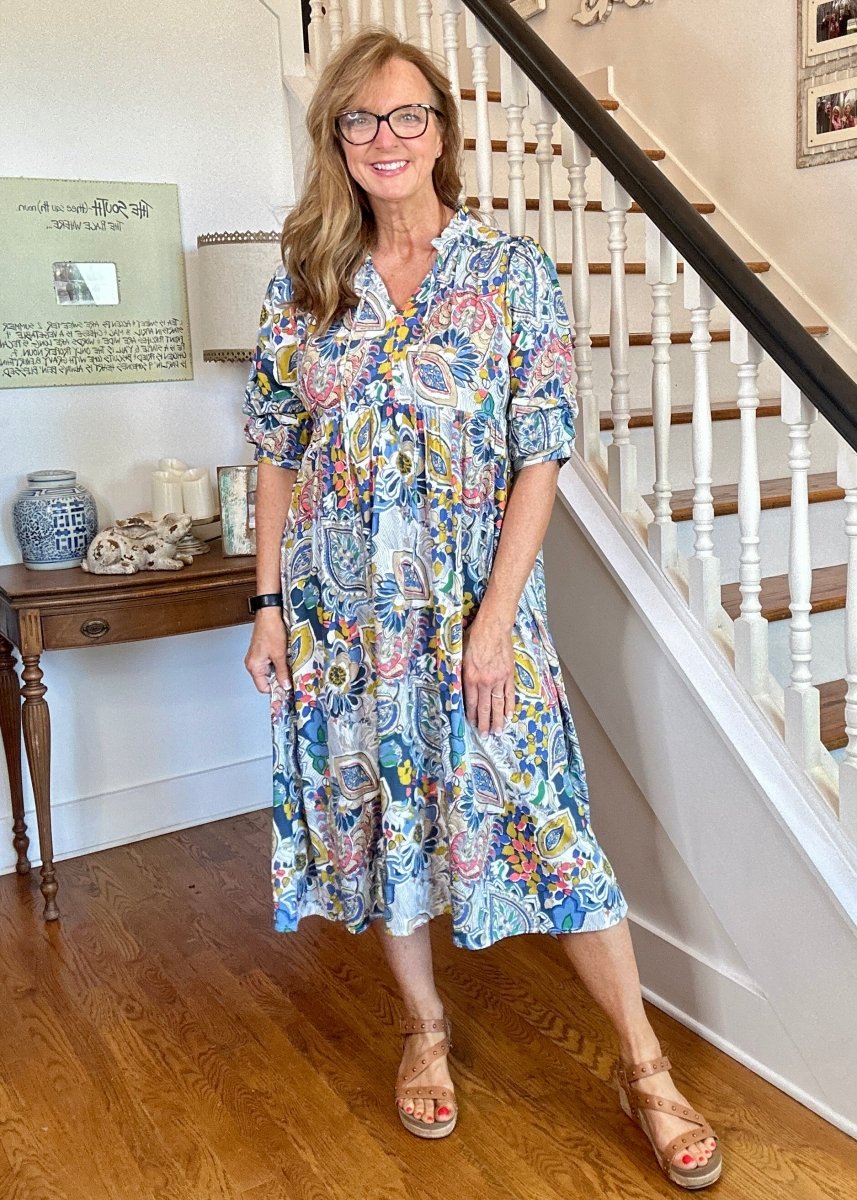 Slightly Distracted Midi Dress - Blue Mix | Umgee Paisley Print - Umgee Dress - Jimberly's Boutique - Olive Branch - Mississippi