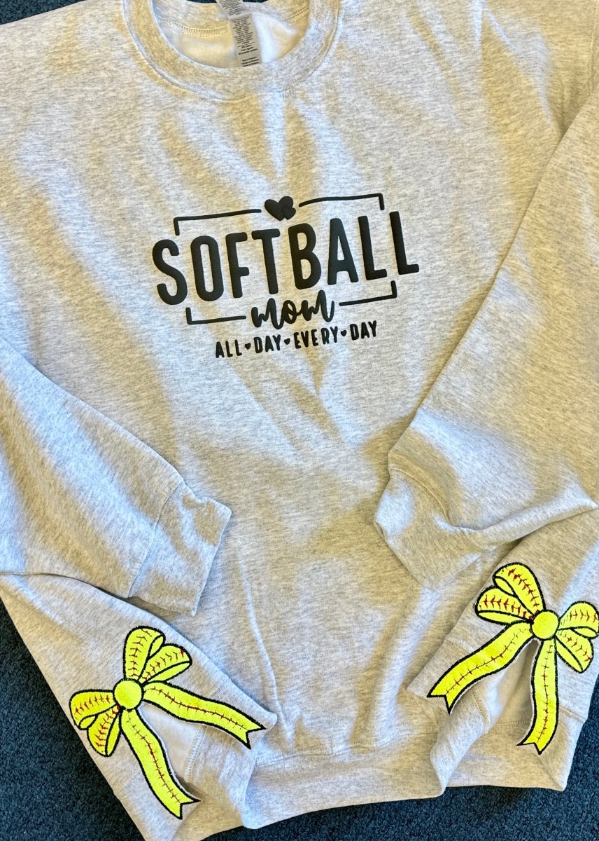 Softball Mom Side Bow Glitter Applique' Crewneck Sweatshirt - Sweatshirt - Jimberly's Boutique - Olive Branch - Mississippi