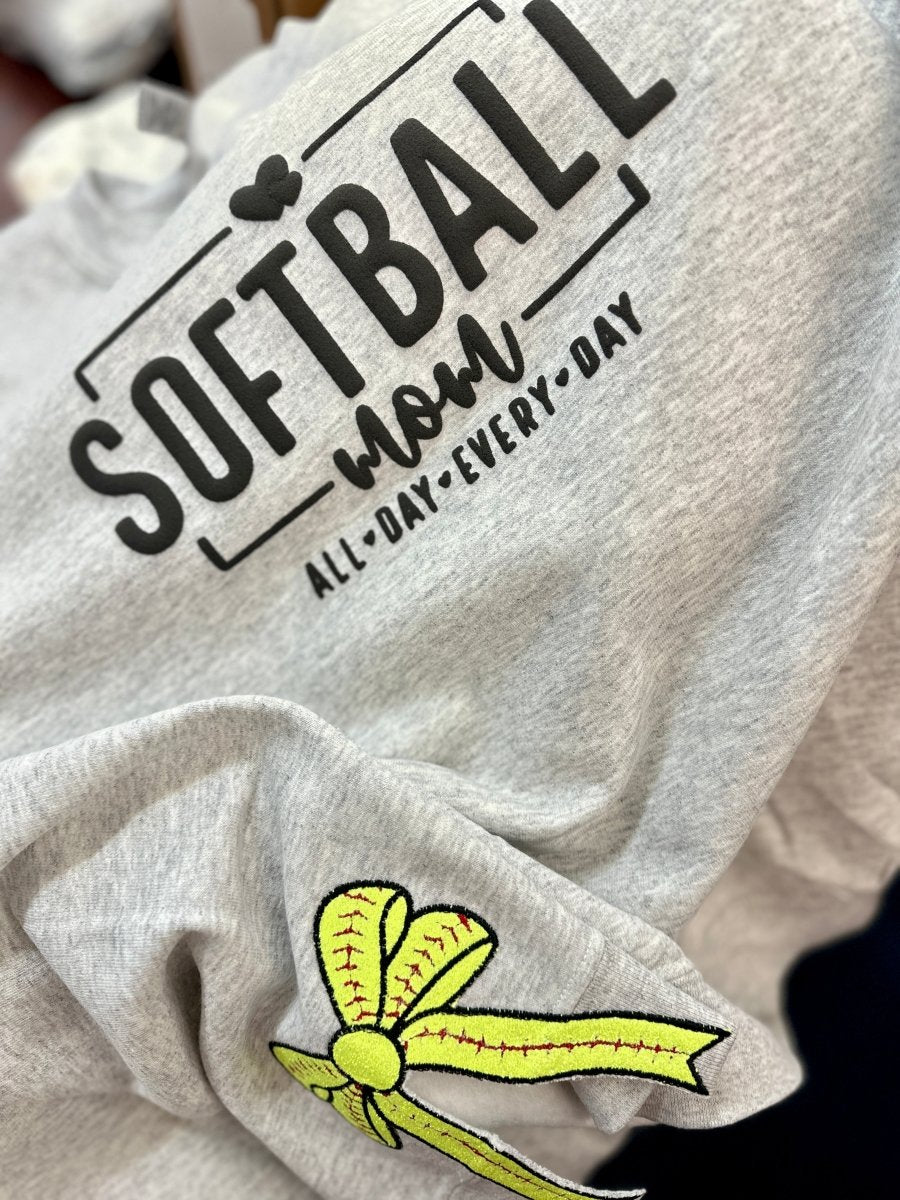 Softball Mom Side Bow Glitter Applique' Crewneck Sweatshirt - Sweatshirt - Jimberly's Boutique - Olive Branch - Mississippi