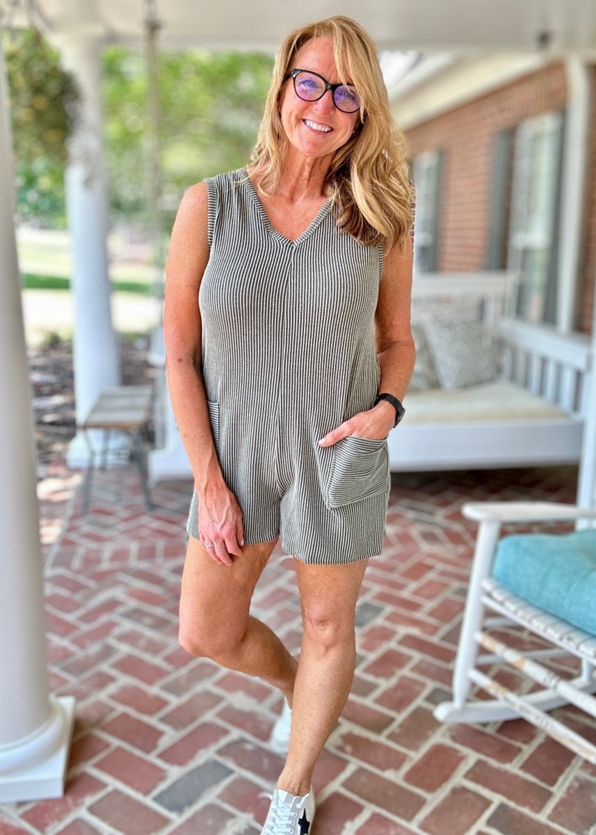 V Neck Ribbed Romper/Jumpsuit - Olive Vintage - Jimberly's Boutique - Olive Branch - Mississippi