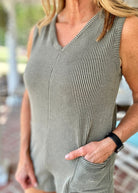 V Neck Ribbed Romper/Jumpsuit - Olive Vintage - Jimberly's Boutique - Olive Branch - Mississippi