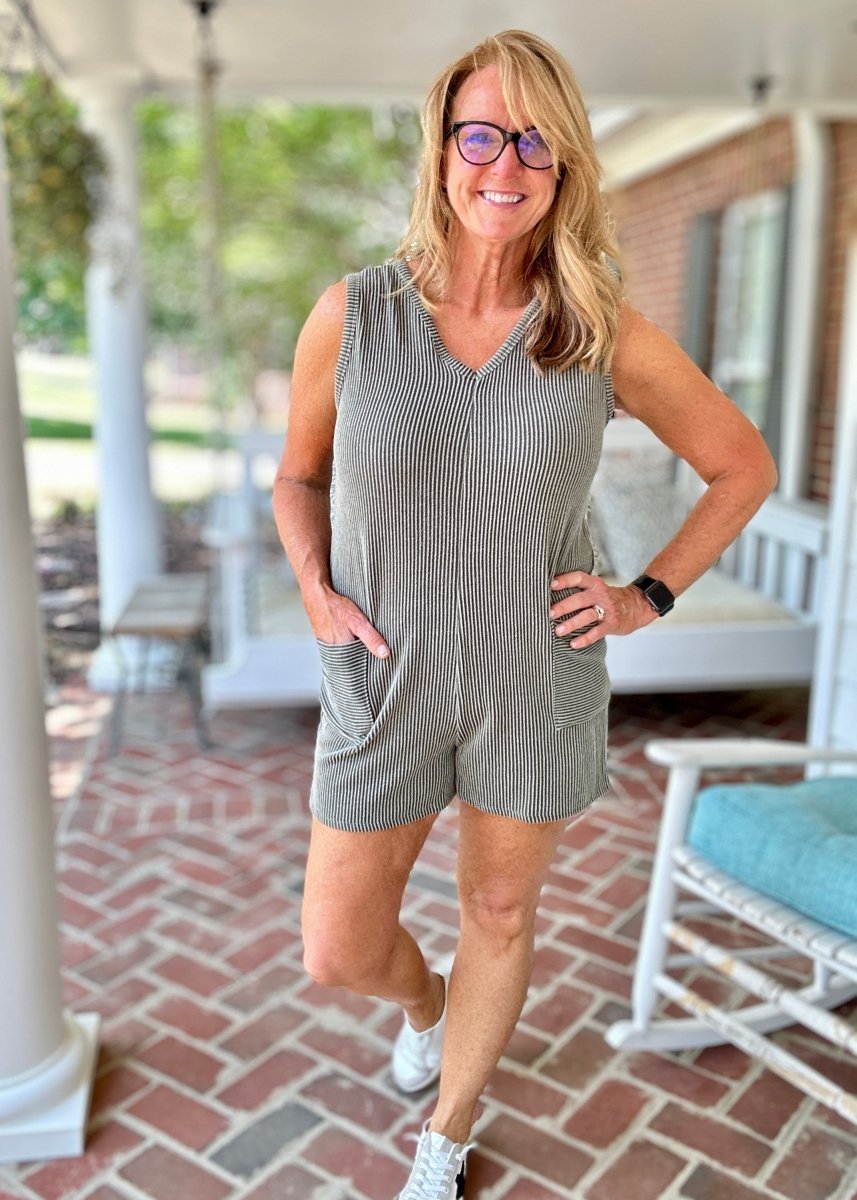 V Neck Ribbed Romper/Jumpsuit - Olive Vintage - Jimberly's Boutique - Olive Branch - Mississippi