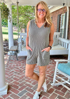 V Neck Ribbed Romper/Jumpsuit - Olive Vintage - Jimberly's Boutique - Olive Branch - Mississippi