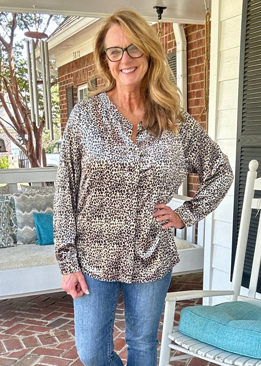 Velvet Animal Print Long Sleeve Top - Button Down Top - Jimberly's Boutique - Olive Branch - Mississippi