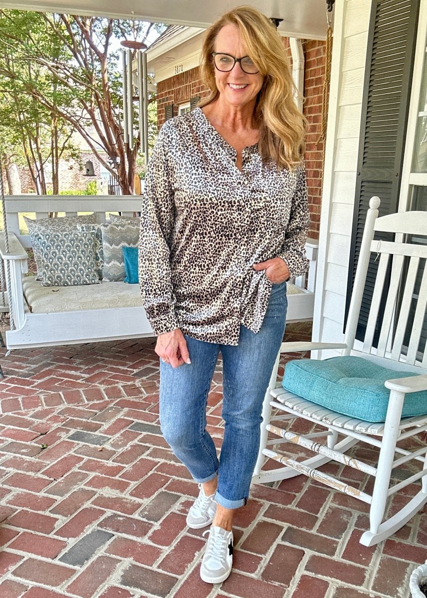 Velvet Animal Print Long Sleeve Top - Button Down Top - Jimberly's Boutique - Olive Branch - Mississippi