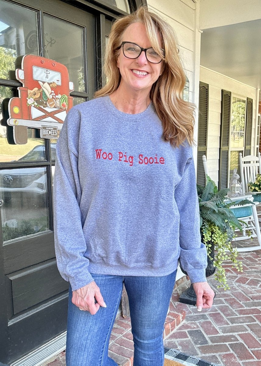 Woo Pig Sooie Embroidered Sweatshirt - Heather Grey w/Red - sweatshirt - Jimberly's Boutique - Olive Branch - Mississippi