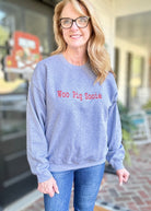 Woo Pig Sooie Embroidered Sweatshirt - Heather Grey w/Red - sweatshirt - Jimberly's Boutique - Olive Branch - Mississippi