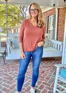 Wrinkle Free V Neck Top - Rust | Dear Scarlett - Dear Scarlett Wrinkle Free Top - Jimberly's Boutique - Olive Branch - Mississippi