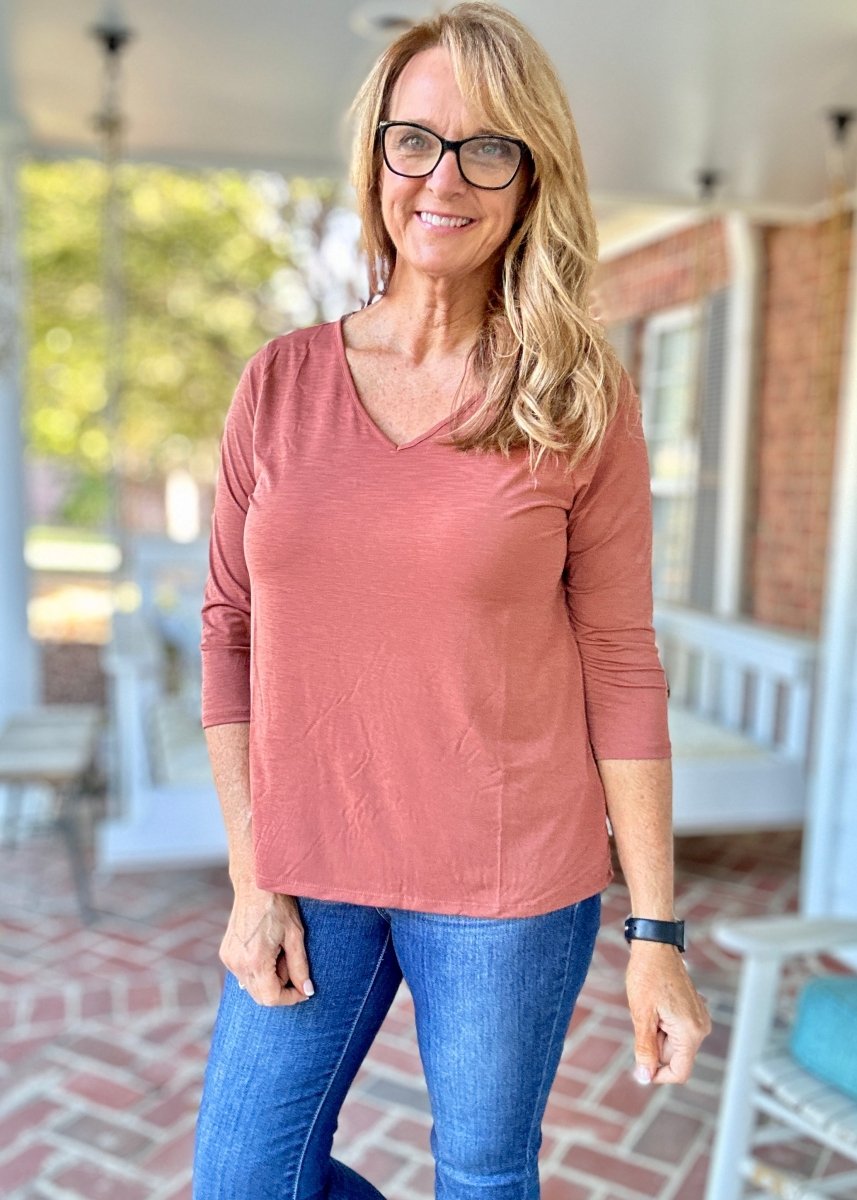 Wrinkle Free V Neck Top - Rust | Dear Scarlett - Dear Scarlett Wrinkle Free Top - Jimberly's Boutique - Olive Branch - Mississippi