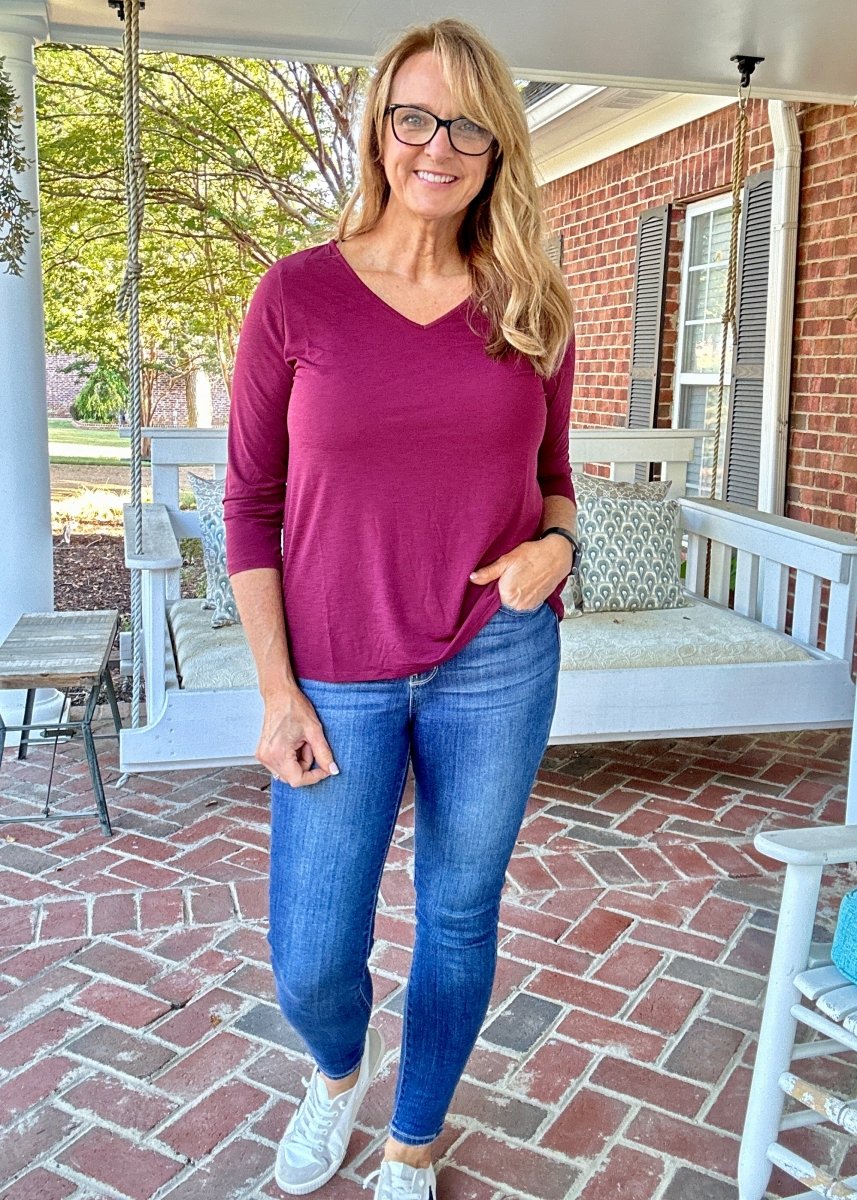 Wrinkle Free V Neck Top - Wine | Dear Scarlett - Dear Scarlett Wrinkle Free Top - Jimberly's Boutique - Olive Branch - Mississippi