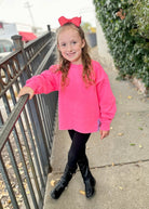 Youth Neon Pink w/Blue Gingham Bow Applique - Side Bow Sweatshirt - side bow sweatshirt - Jimberly's Boutique - Olive Branch - Mississippi