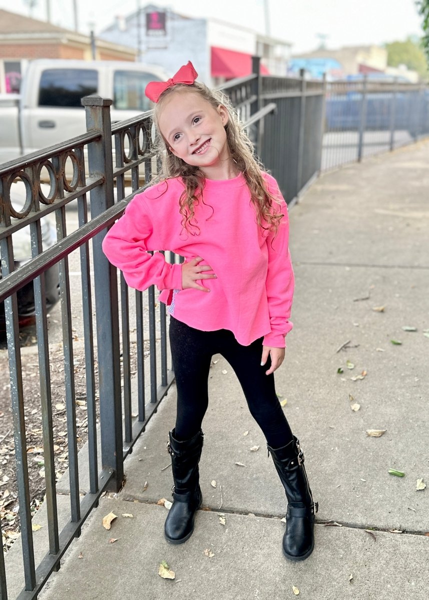 Youth Neon Pink w/Blue Gingham Bow Applique - Side Bow Sweatshirt - side bow sweatshirt - Jimberly's Boutique - Olive Branch - Mississippi