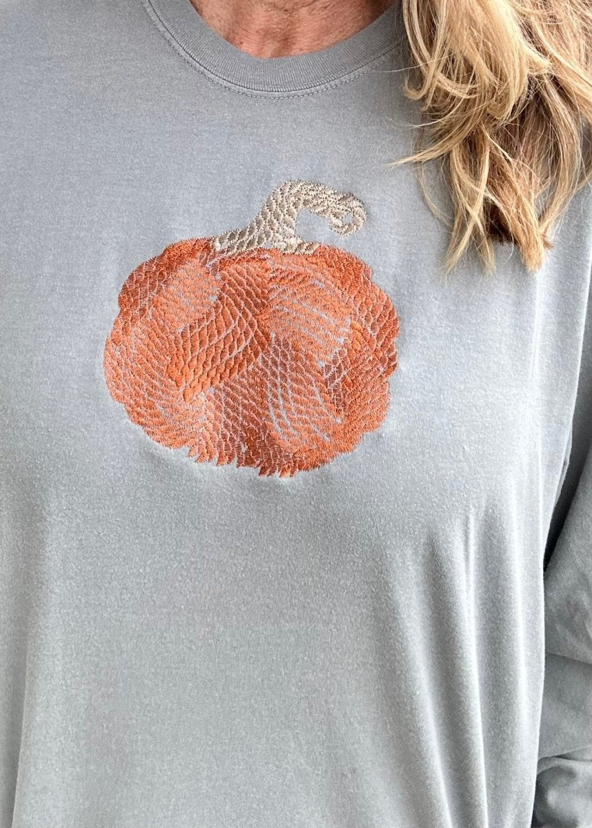 Cable Knit | Satin Stitch | Pumpkin | Fall | Embroidered | Grey Comfort  Colors | Long Sleeve Tee