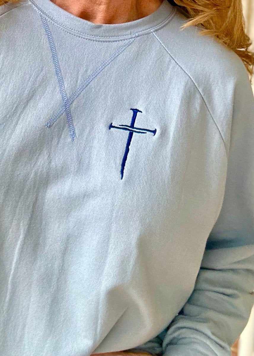 Embroidered Cross of Nails French Terry Raglan Pullover - Ash Blue - Embroidered Lightweight Sweatshirt -Jimberly's Boutique-Olive Branch-Mississippi