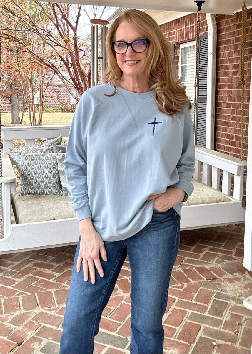 Embroidered Cross of Nails French Terry Raglan Pullover - Ash Blue - Embroidered Lightweight Sweatshirt -Jimberly's Boutique-Olive Branch-Mississippi