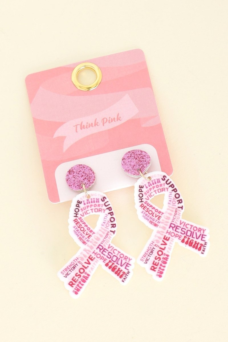 Glitter Pink Ribbon Affirmations Acrylic Earrings - earrings -Jimberly's Boutique-Olive Branch-Mississippi