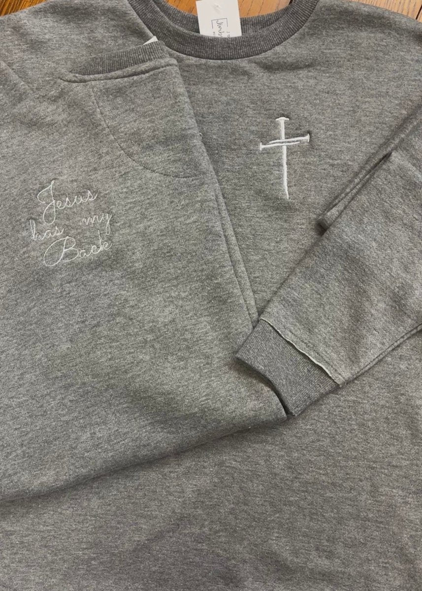 Jesus has my Back/Cross of Nails Pullover | Granite Heather - Embroidered Sweatshirt -Jimberly's Boutique-Olive Branch-Mississippi