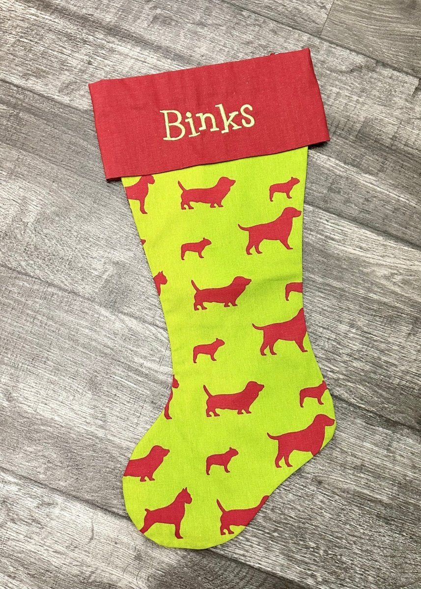 Monogrammed Christmas Stocking - Chartreuse Puppy/Red Cuff - Stocking -Jimberly's Boutique-Olive Branch-Mississippi