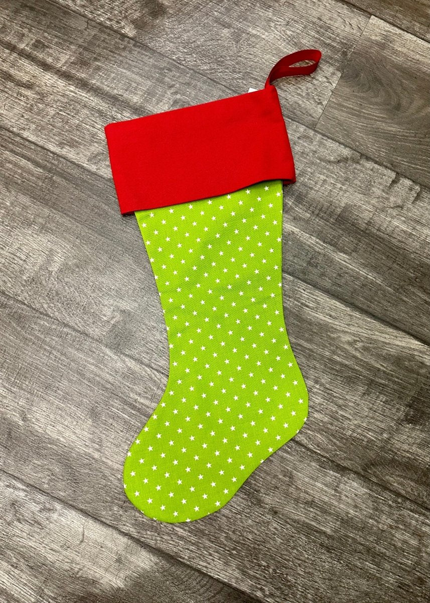 Monogrammed Christmas Stocking - Chartreuse Star/Red Cuff - Stocking -Jimberly's Boutique-Olive Branch-Mississippi