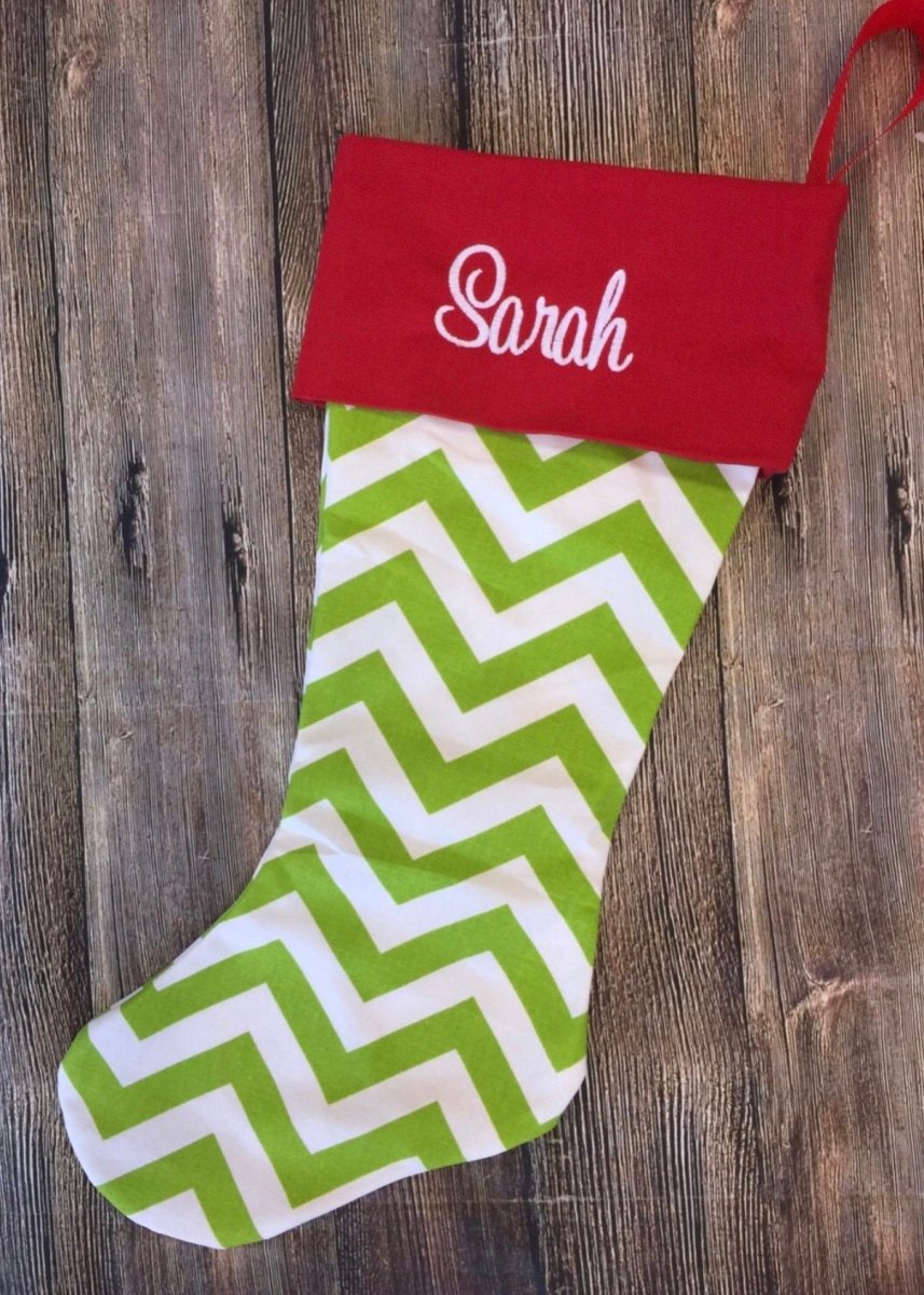 Monogrammed Christmas Stocking - Green Chevron/Red Cuff - Stocking -Jimberly's Boutique-Olive Branch-Mississippi