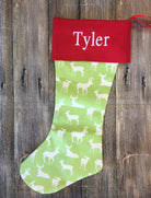 Monogrammed Christmas Stocking--Green Reindeer with Red Cuff - Stocking -Jimberly's Boutique-Olive Branch-Mississippi