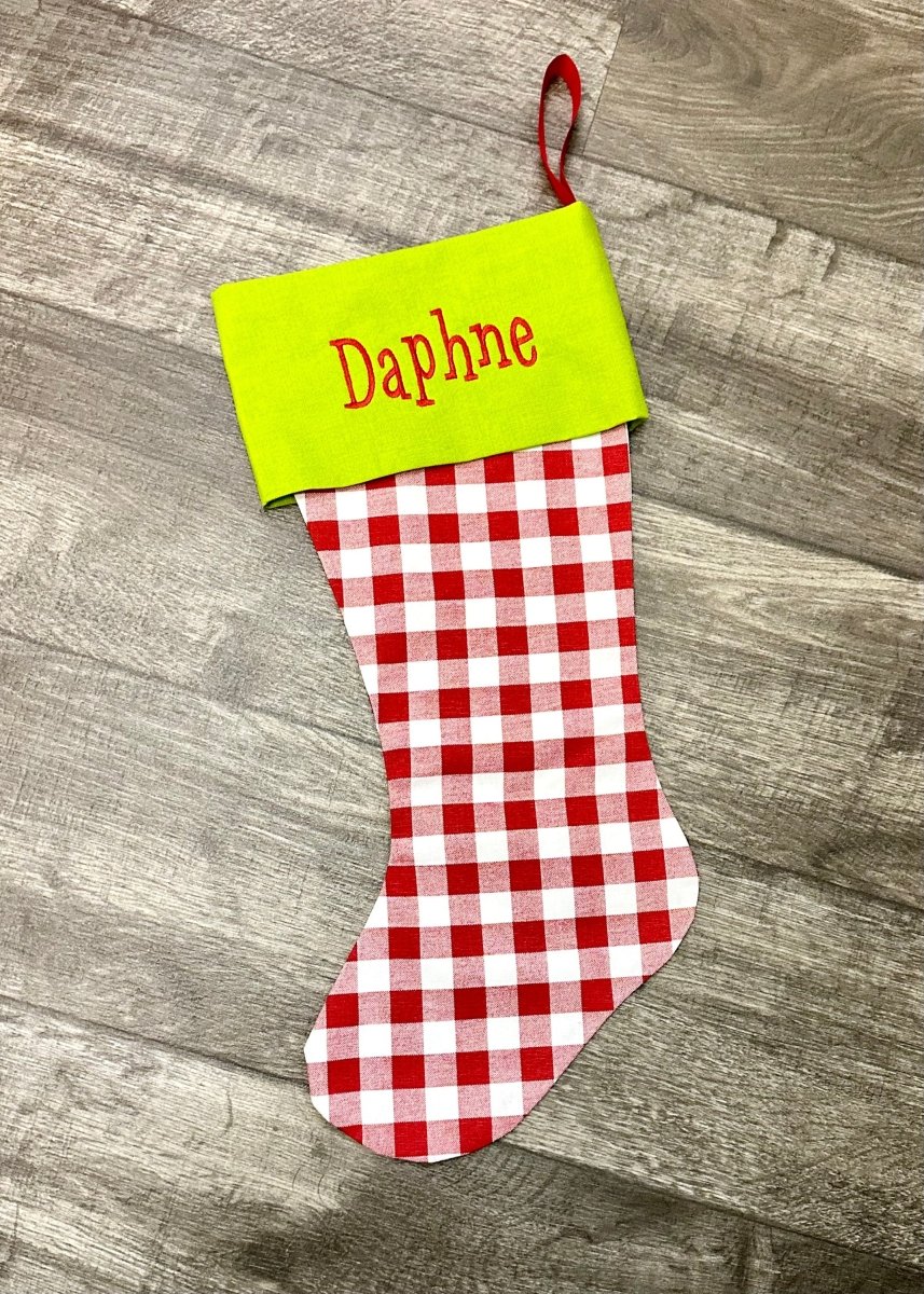 Monogrammed Christmas Stocking - Red Check/Chartreuse Cuff - Stocking -Jimberly's Boutique-Olive Branch-Mississippi