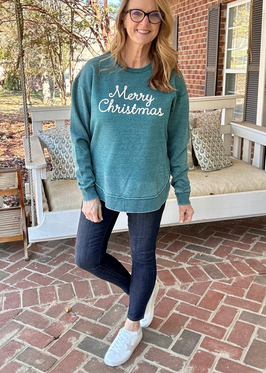 Xl-2Xl Royce Merry Christmas Chain Stitch - Long Sleeve Crew Neck - Green - Royce Sweatshirt -Jimberly's Boutique-Olive Branch-Mississippi